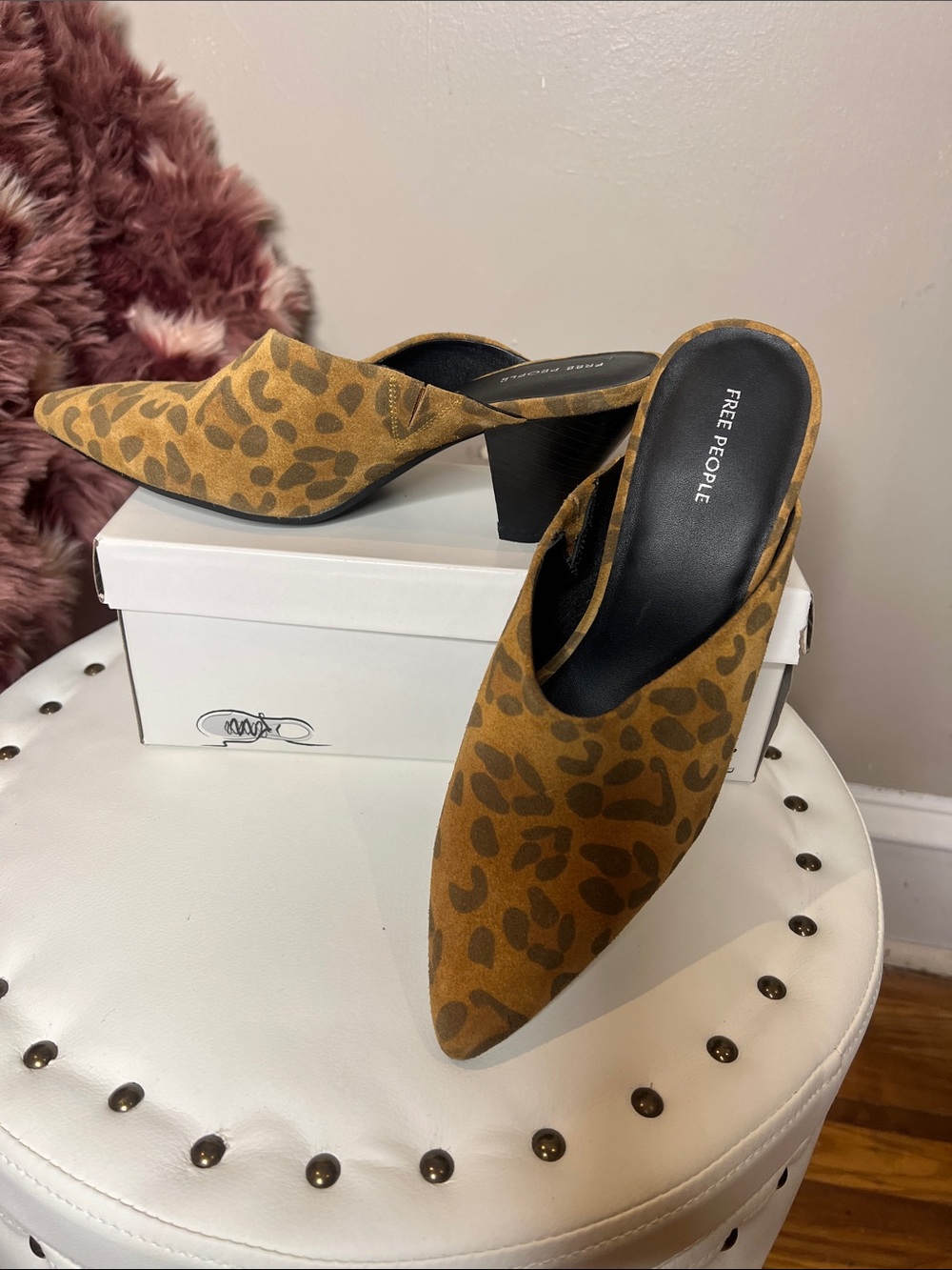 Free People Tan Leopard-Print Pointed Mule Heels
